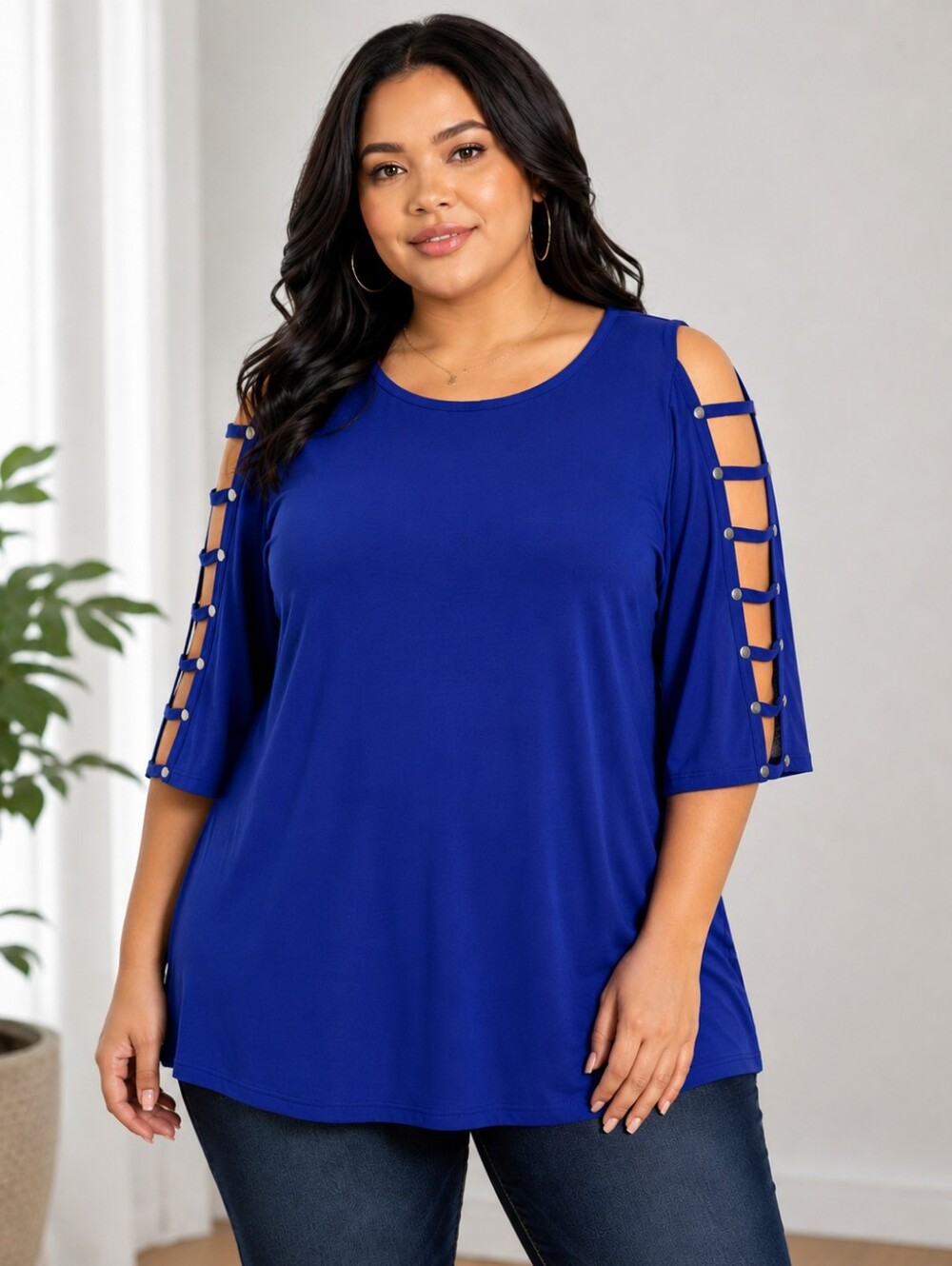 89th & Madison Women's 2XL Electric Blue Tunic Top Ladder Cutout Sleeves Silver